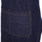 Navy denim apron front pocket with orange contrast stitching.