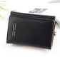 Black small three-fold wallet with logo text and gold clasp hardware