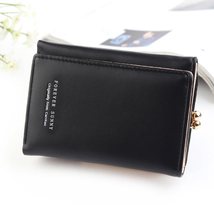 Black small three-fold wallet with logo text and gold clasp hardware