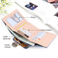 Light pink three-fold wallet open view with photo window and card slots