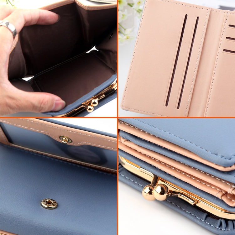 Blue three-fold wallet close-up: card slots, clasp hardware, and stitching