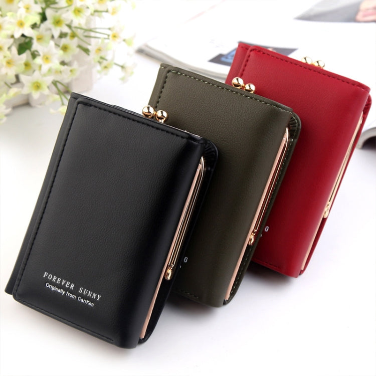 Small three-fold wallets set: black, olive green, and red with gold clasps