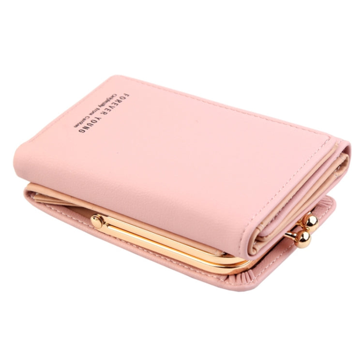 Pink small three-fold wallet with gold clasp and folded card compartments