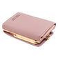 Light pink three-fold wallet with gold clasp and stitched edge trim