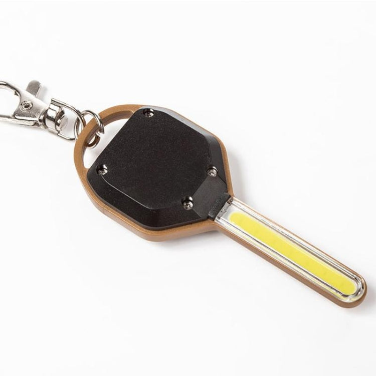Mini keychain LED flashlight with clear lens and yellow light strip, black top, bronze frame