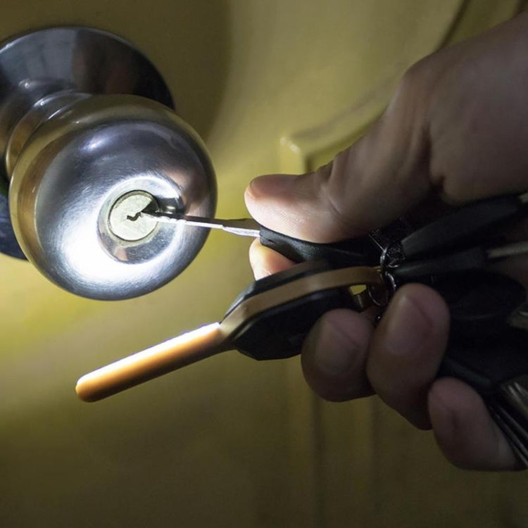 Mini LED keychain flashlight shining near a car latch, bronze body with black top