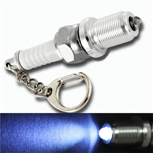 Spark plug LED keychain with metal keyring and chain, bright white light tip