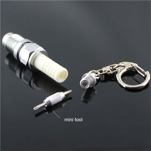 Spark plug LED keychain with chrome keyring and small attached mini tool