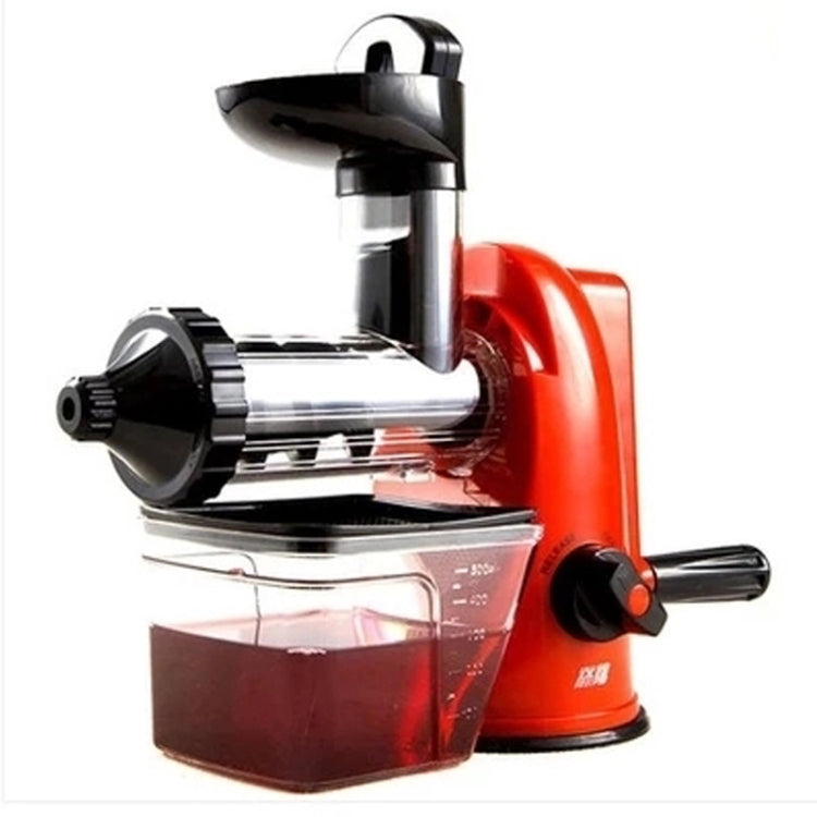 Manual citrus juicer with red base, glossy black head, clear juice container and spout