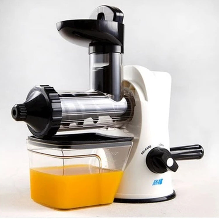 Manual citrus juicer with white base, black head, clear pulp container and side handle