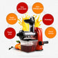 Manual citrus juicer with red base, black head, clear pulp container and juice spout
