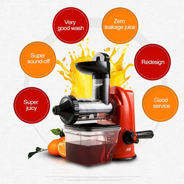 Manual citrus juicer with red base, black head, clear pulp container and juice spout