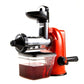 Manual citrus juicer with red base, black head, clear pulp container and long dispensing spout