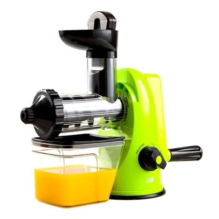 Manual citrus juicer with green base, black head, clear pulp container and side handle