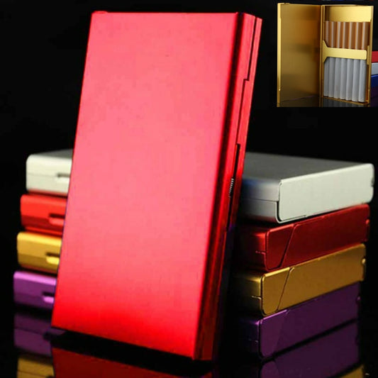 Red metal cigarette case with hinged lid, slim rectangular design.