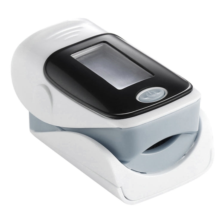 Finger pulse oximeter with dark screen window, grey and light blue housing