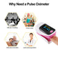 Finger pulse oximeter with digital display and pink strap, finger inserted