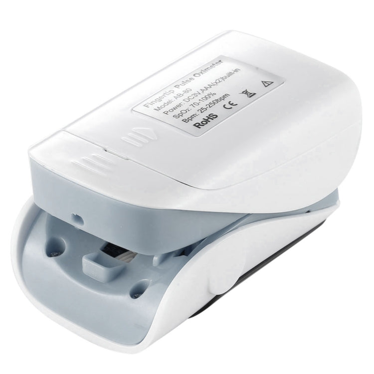 Finger pulse oximeter back view with label, grey and light blue plastic housing