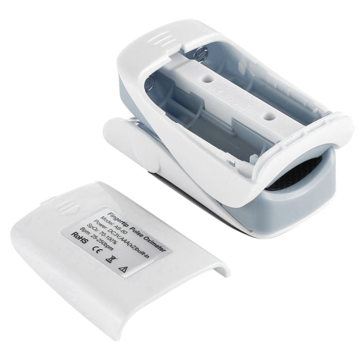 Finger pulse oximeter open sensor area with strap loop, grey and light blue body