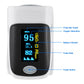 Finger pulse oximeter front with blue display showing oxygen and pulse readings
