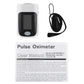 Finger pulse oximeter with wrist strap and manual booklet, dark and grey device