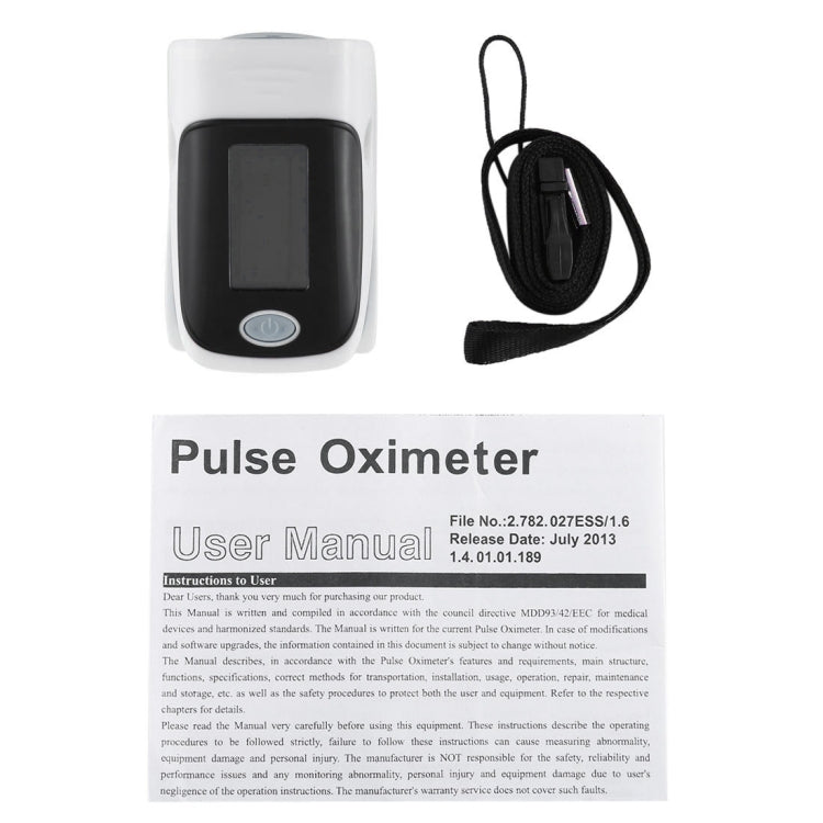 Finger pulse oximeter with wrist strap and manual booklet, dark and grey device