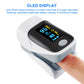Finger pulse oximeter on finger with blue OLED display, grey and dark case