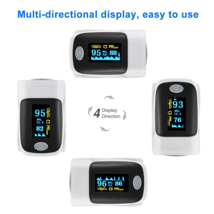 Finger pulse oximeter shown in multiple display angles, grey case with OLED screen