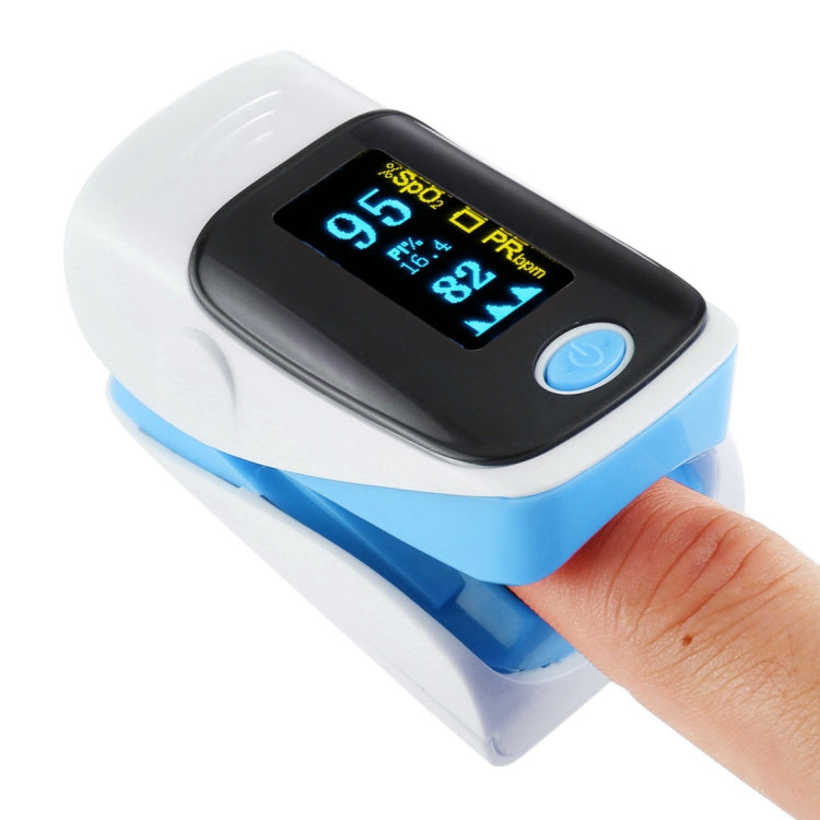 Finger pulse oximeter with digital display and blue strap, finger inserted