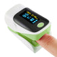 Finger pulse oximeter with digital display and green strap, finger inserted