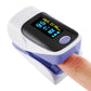 Finger pulse oximeter with digital display and purple strap, finger inserted