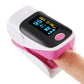 Finger pulse oximeter with digital display and pink strap, finger inserted