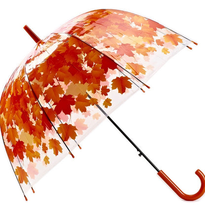 Transparent leaf umbrella with orange and white canopy, straight rod, red handle