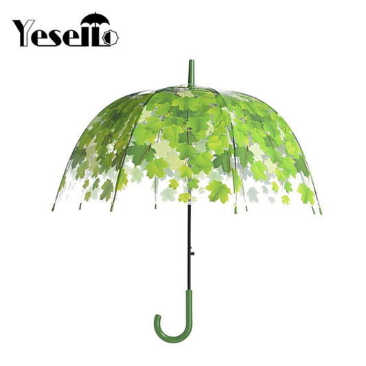 Transparent leaf umbrella in green with clear canopy and long straight handle