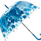 Transparent leaf umbrella with blue and white canopy, straight rod, blue J-handle