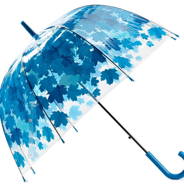 Transparent leaf umbrella with blue and white canopy, straight rod, blue J-handle