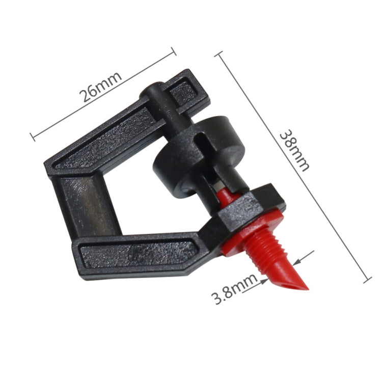 Micro-drip sprinkler connector, black frame with red outlet tip; approx 26mm x 38mm