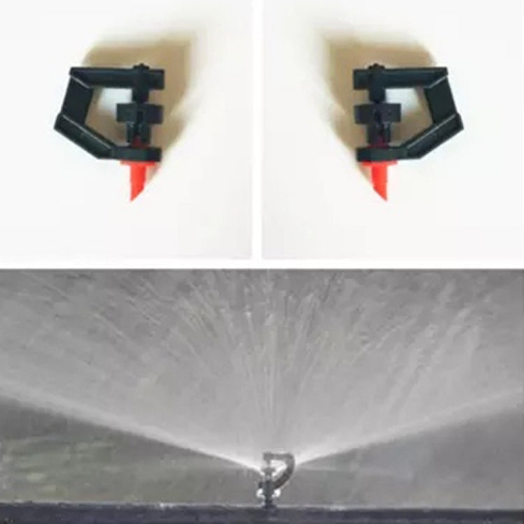 Micro-drip sprinkler connectors spraying water, black rotating frame with red outlet
