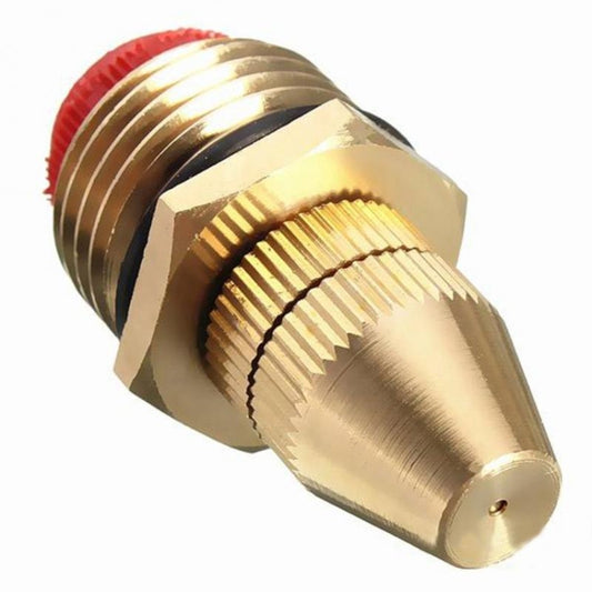 Brass atomizing spray nozzle with angled tip and red cap