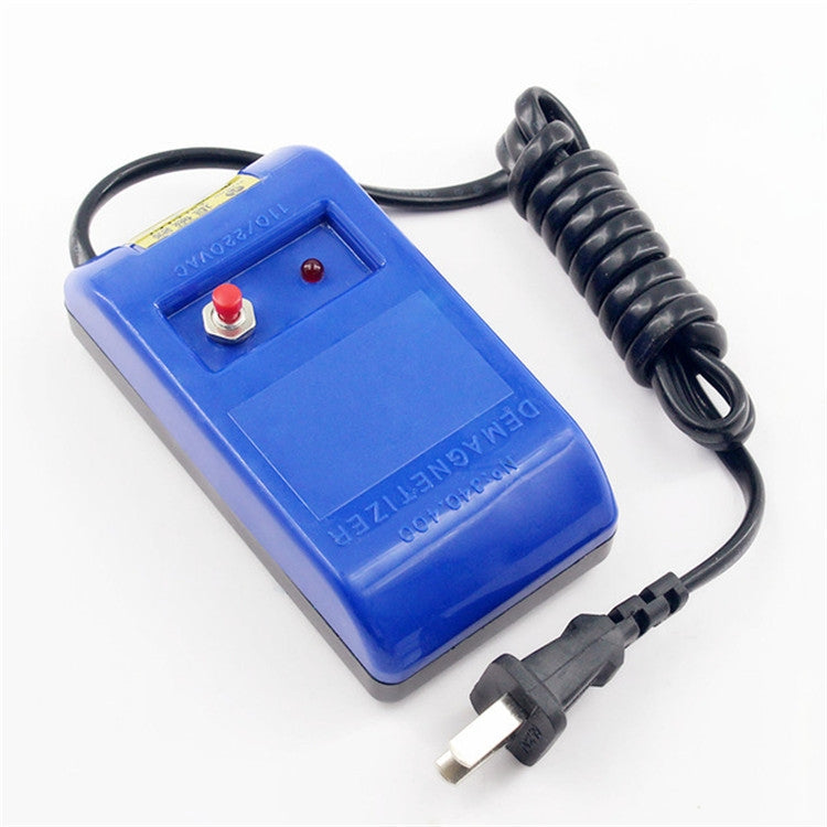 Blue handheld demagnetizer device with red buttons and AC plug power cord