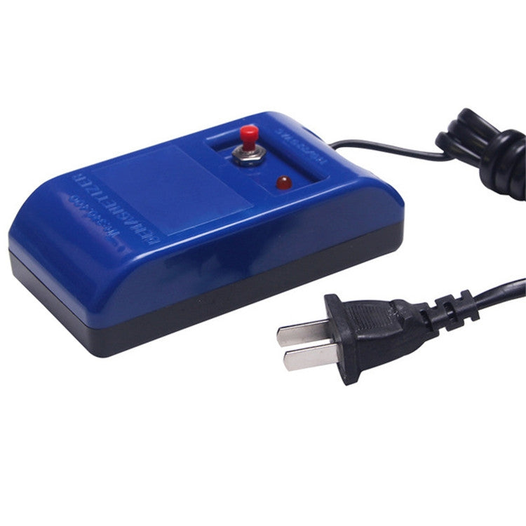 Blue degausser box with red buttons and power cord with two-prong plug