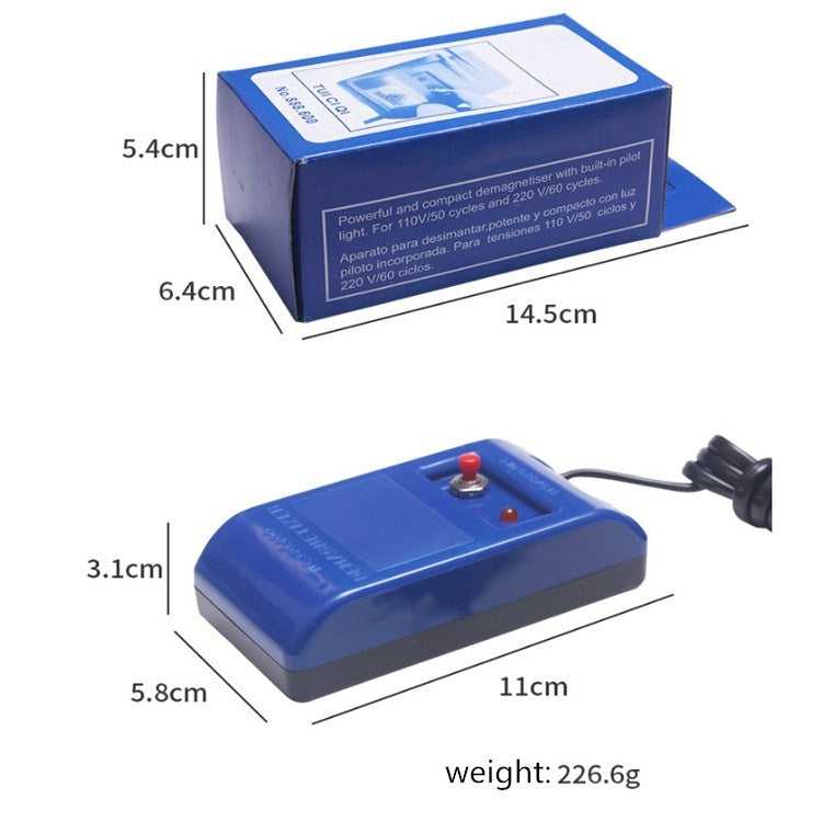 Blue watch demagnetizer tool with power cable, shown with size measurements