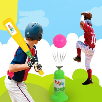 Green baseball launch exerciser with yellow bat and pink ball, plus launcher base