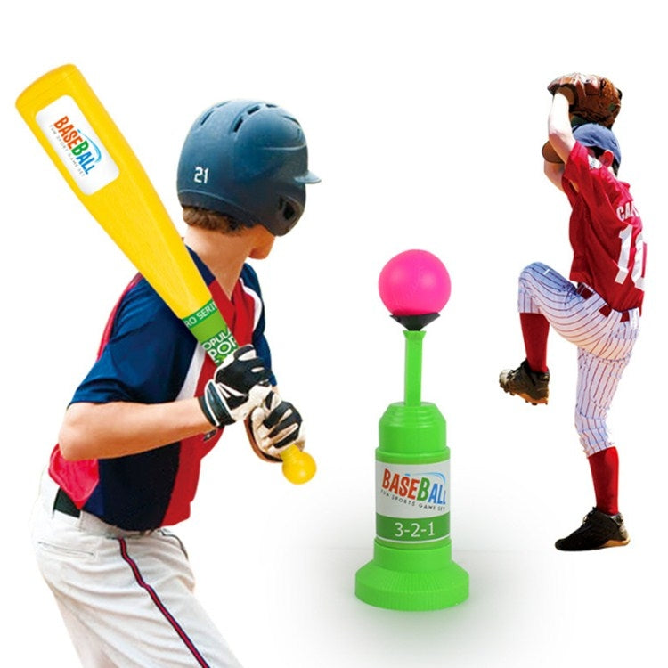 Baseball launch toy with green stand, pink ball, and yellow bat; child demo