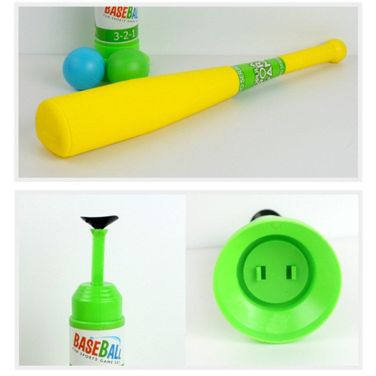 Yellow launcher bat with green base and head, with blue and green balls