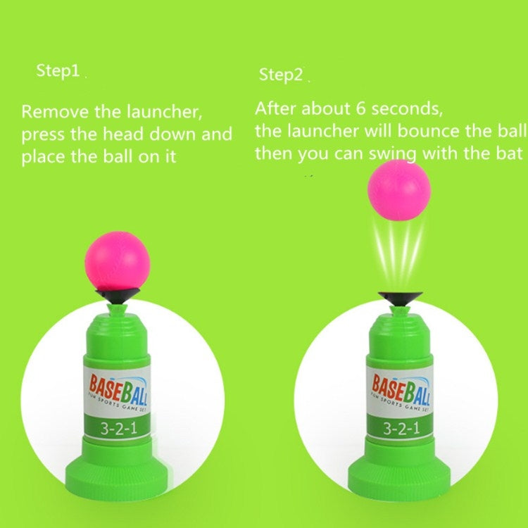 Green baseball launcher showing ball launch steps with pink ball