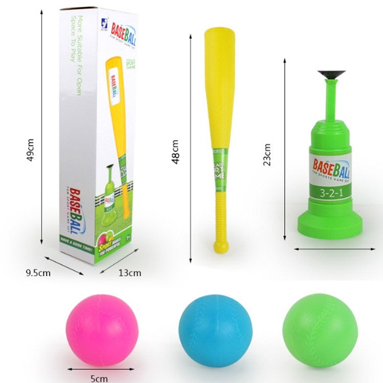 Baseball launch exerciser set with yellow bat, green base, and pink/blue/green balls