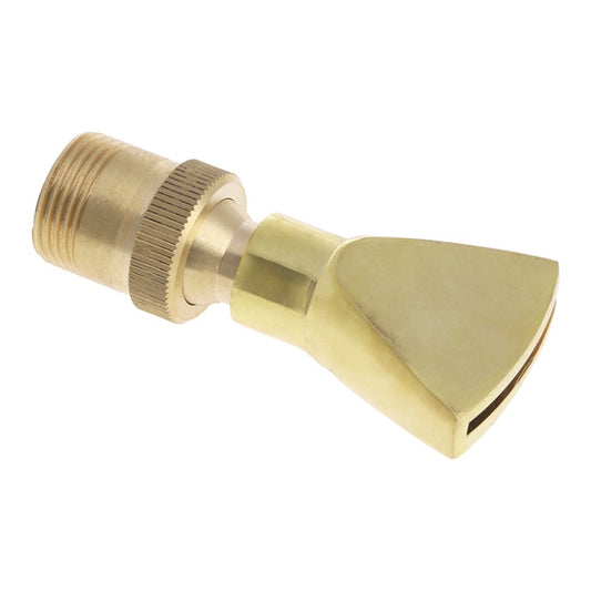 Adjustable fan-shaped flat water nozzle with threaded inlet, angled side view