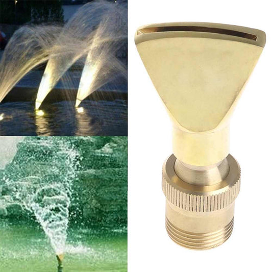 Fan-shaped flat nozzle with adjustable brass-colored finish, fountain water spray visible