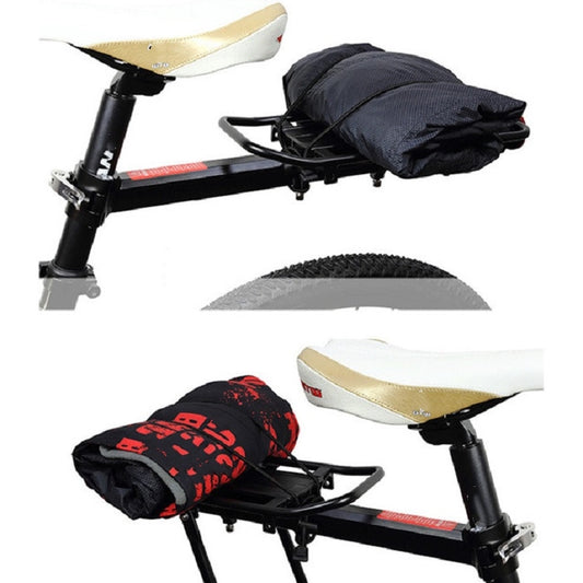 Bicycle rear shelf rack supporting rolled bag and small cargo on the platform